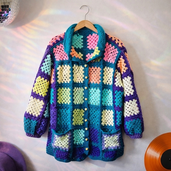 Handmade Sweaters - Handmade Crochet Granny Square Cardigan One Size Multi Color Pockets Sweater